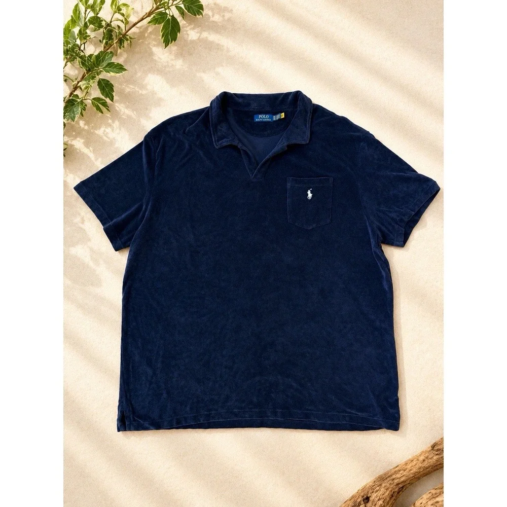Polo Ralph Lauren Men's 4XB Navy Velour Polo Shirt Pony Logo Pocket Big & Tall